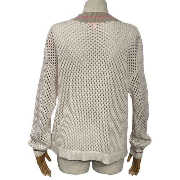 Lisa Todd Women's Size S Open Knit V-Neck Varsity Sweater Cream Beige Pullover - Picture 4 of 8